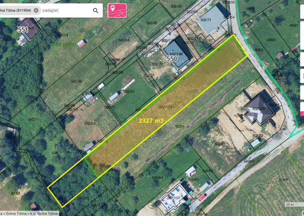 Predaj: Pozemok vhodný na výstavbu viacerých rodinných domov - Dolná Tižina (2327 m2)